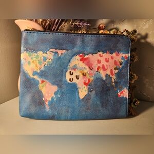 Anthropologie Nikki Cade Blue World Map Maker Commuter Clutch Cosmetic Bag